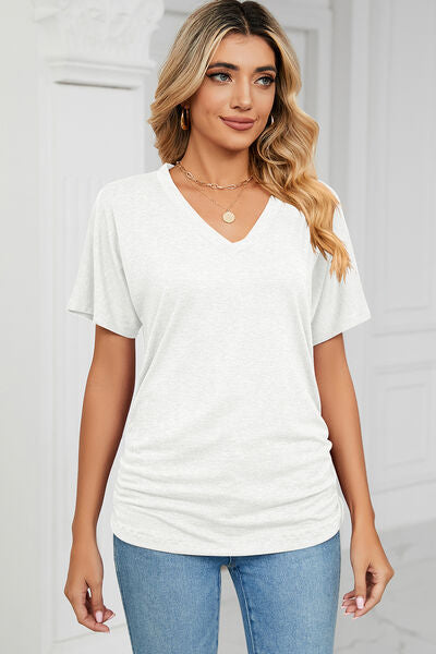 Ruched V-Neck Short Sleeve T-Shirt