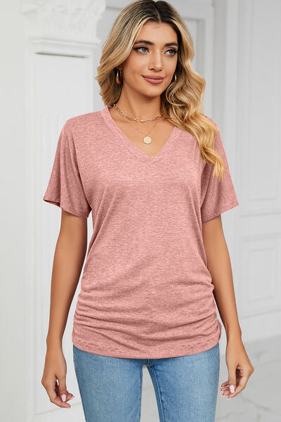 Ruched V-Neck Short Sleeve T-Shirt